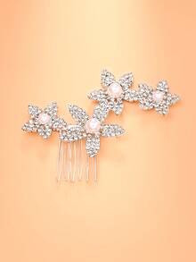 outingfit 1pc Fashion Rhinestone Flower Hair Comb Bridal Updo Accessory Handmade Luxury Full Rhinestone Pearl Hair Clip Headwear Versatile - Silver - View 2
