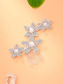 outingfit 1pc Fashion Rhinestone Flower Hair Comb Bridal Updo Accessory Handmade Luxury Full Rhinestone Pearl Hair Clip Headwear Versatile - Silver - View 3
