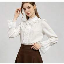 Women's White Floral Lace Ruffle Collar Blouse, Puff Flare Long Sleeve Button Front Vintage Elegant Casual Commute Top, Autumn Layering - White - View 1