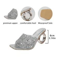 Silver Sequin Open‑Toe Mules For Women, Unique Circular Hollow Heel Square Toe Slide Sandals, Party Banquet Heeled Slippers - Silver - View 3