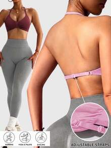 2pcs Halter V-Neck Ruched Sports Bra, Adjustable Back Buckle, High Elastic Seamless Fabric, Wire-Free Sports Support All-Match Versatile Multi-Scenario Suitable Style, Multiple Colors Available, High-Intensity Fitness Underwear - Multicolor - View 3