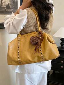 Tas Bahu Retro Wanita Kapasitas Besar, Tas Hobo Dekorasi Rivet Timbul Huruf dengan Liontin Hati Leopard, Tas Tote Kasual untuk Komuter - MultiWarna - View 7