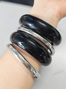 4件組個性化復古黑銀幾何圓形手鐲套組，時尚迷人女士可疊戴手鍊 - 彩色 - 查看 4