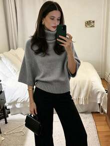 女款休閒秋冬純灰色高領蝙蝠袖針織上衣，收腰紋理設計，日常通勤辦公穿搭套頭衫 - 淺灰色 - 查看 3