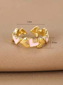1Pc Sweet Gold Color Copper Pink Enamel Heart Open Ring For Women Daily Dating Valentine's Day Jewelry Gift - Multicolor - View 5