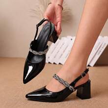 Women's Black Pointed Toe Slingback High Heels, Twisted Rhinestone Decor Strap With Chunky Square Heel, Elegant Evening Dress Pumps - Black - View 5