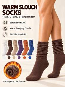 1 Pair/3 Pairs/5 Pairs/ Random Women's Slouch Socks, Soft Ribbed Knit Scrunch Socks, Solid Color Cozy Boot Socks For Fall & Winter - Multicolor - View 1