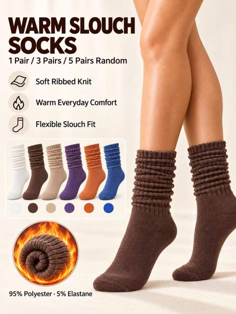 1 Pair/3 Pairs/5 Pairs/ Random Women's Slouch Socks, Soft Ribbed Knit Scrunch Socks, Solid Color Cozy Boot Socks For Fall & Winter - Multicolor - View 1
