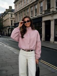 Women's Pink Front Button Jacket, Elastic Hem, Raglan Sleeves, Autumn Outerwear - Pink - View 1