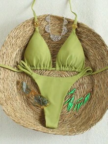 HOTTIE HABIT Women's Green Solid Halter Triangle Bikini Set, Spaghetti Strap Ring Detail Ruched Swimwear, Summer Beach Vacation - Olive Green - View 6