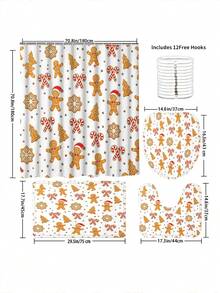 1/4 Piece Bathroom Curtain Set, Includes Non-Slip Rug, Toilet Lid Cover And Bath Mat, Christmas Gingerbread Man Candy Cane Snowflake Pattern Waterproof Shower Curtain, With 12 Hooks, Suitable For Bathroom, Size 70.8*70.8 Inches - A - View 4