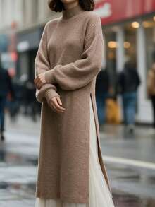 Women's New Autumn Round Neck Long Sleeve Off-Shoulder Knit Dress For Daily Wear, Travel And Vacation - Brown - View 1