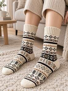 1/5 Pairs Random Women's Mid-Calf Socks, Multi-Color Diamond Snowflake Striped Print Ribbed Detail Comfortable Warm Vintage Preppy Style Socks Suitable For Christmas And Back To School Season Outfits - Multicolor - View 4
