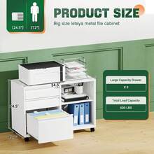 Archivador Móvil de Metal Color Blanco 39.9x87.6x62.2 cm |   Gabinete de 3 Cajones con Cerradura y Estante Abierto para Impresora |   con Ruedas y Panel Perforado para Oficina en Casa |   Fácil de Armar - Blanco - Ver 3