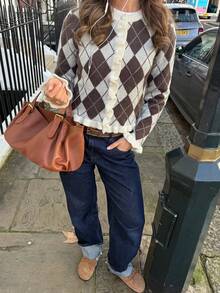Women's Casual Brown And White Color Block Sweater, Autumn/Winter Style, Argyle Pattern Design With Ruffle Hem, Suitable For Outdoor Wear - Brown - View 4