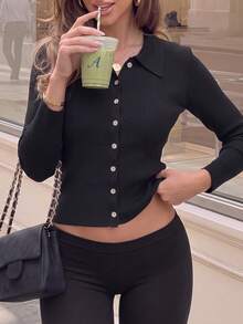 Women Fall Clothing Black Collared Button Front Long Sleeve Top, Slim Fit Ribbed Knit Shirt For Daily Office - Black - View 8