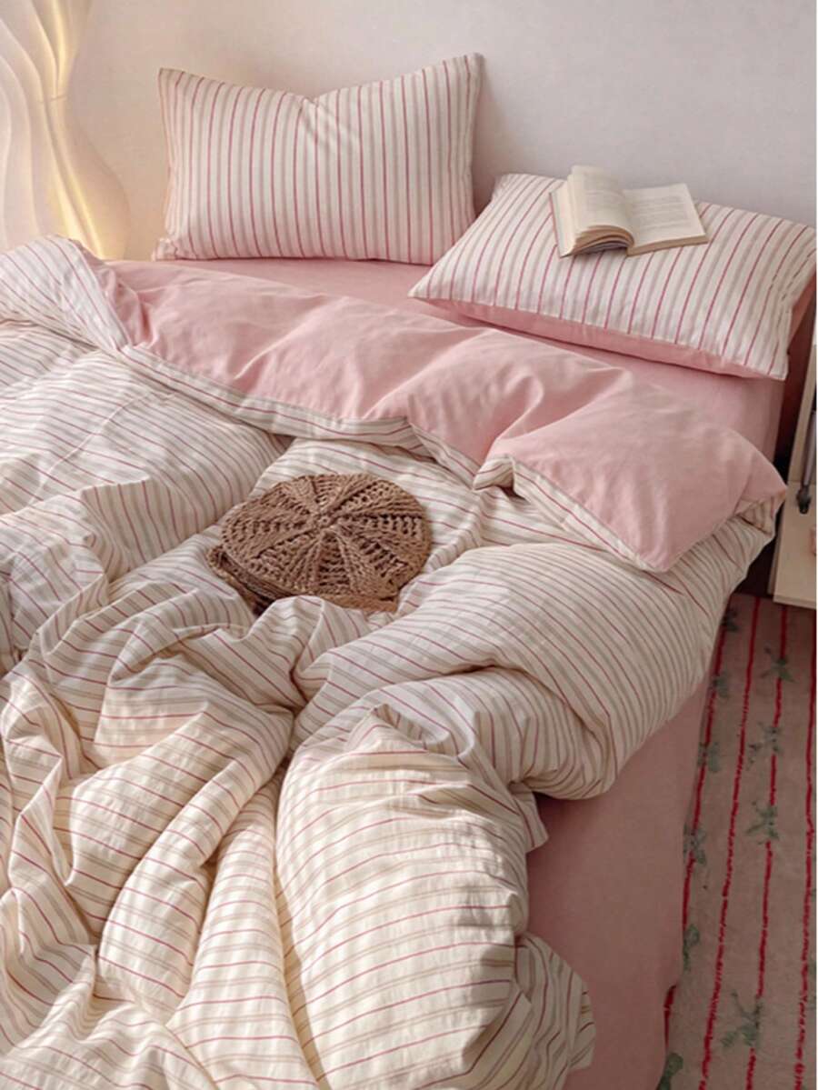 3pcs 100% Polyester Ins Style Nordic Minimalist Striped AB Design Duvet Set 2 Pillowcases + 1 Duvet Cover Set Combination (No Bed Sheet) All Season Bedroom Use