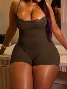 Women's Sexy Bold Avant-Garde Lace Patchwork Fitted Jumpsuit - Brown - View 2