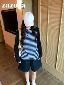 Áo kiểu Hàn Quốc tối giản phối màu khối, cổ Henley tay raglan, sọc, dáng regular, tay dài đa năng, lớp nền, quần áo mùa thu - Sọc xanh - Xem 10