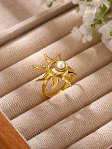 Vintage Brown Natural Stone Sun-Shaped Stainless Steel Ring, Suitable For Women, Mothers And Best Friends, Exaggerated Gold Wedding, Party And Holiday Matching Jewelry, Unusual Gift - Multicolor - View 6