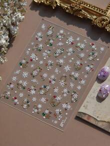 1 Sheet White Snowflake Nail Stickers, Colorful Bead Metal Ring Winter Christmas Self-Adhesive Nail Art Decals, Frozen Style DIY Manicure Nail Decorations - Multicolor - View 2