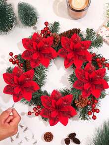 Glitter Poinsettia Christmas Tree Decoration Set - Suitable For Christmas Wreaths, Party Decor, Home Styling, Holiday Celebrations, And Gift Box Embellishments. - Dark Red - View 8