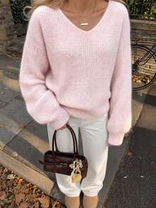 Chic Pink Oversized Knit Sweater For Women, Deep V-Neck Long Sleeve Pullover, Regular Length Jumper, Slightly Stretchy Fabric For Autumn Everyday Wear - Baby Pink - View 4