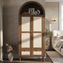 Flieks Arched Wardrobe With 2 Doors & 2 Drawers, 180cm Tall Beige Rattan-Effect Double Wardrobe In Walnut Finish With Hanging Rail & Display Shelf - Walnut - View 3