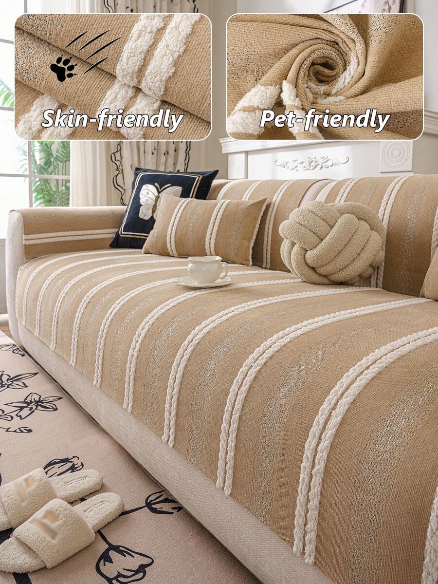1PC Bohemian Style Striped Chenille Non-Slip Sofa Cover, All-Season Machine Washable Seat Cushion, Suitable For 1-4 Seater Sofa Protection And Decoration, Machine Washable Slipcover - Khaki - View 1