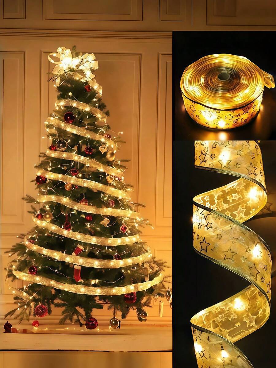 1pc Christmas Ribbon Warm Color, Battery-Powered LED Warm White String Lights DIY Decoration Christmas Tree Hanging Ornament Christmas Tree Ribbon, LED Flashing String Lights, Battery-Powered Fairy Lights, Colorful Ribbon Lights Christmas Tree Decoration Arrangement Double Layer Christmas Ribbon, Christmas Decoration Lights, Indoor/Outdoor Curtain String Lights, Party Hanging Lights (Battery Not Included)