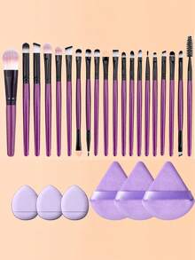 26/37Pcs Total Purple Makeup Tool Kit,20Pcs Makeup Set,Soft Synthetic Cosmetic For Foundation,Eyeshadow & Eyebrow, Includes Makeup Sponges, Triangle Powder Puffs, Hair Band & Wristbands, Multifunctional Cosmetic Accessories For Daily Face Makeup - Purple - View 12