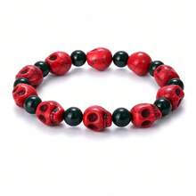 1pc Halloween Dark Style Bracelet, Cracked Red Turquoise Skull With Dark Green Round Beads, Stretchable Elastic Bracelet, Holiday Decoration Small Gift - Multicolor - View 6