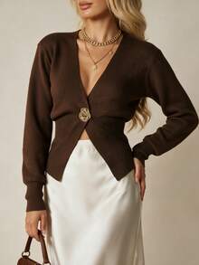 SEREN Women's Vintage V-Neck Knit Cardigan, Elegant Slimming Long Sleeve Sweater Jacket, Suitable For Autumn Wear - Brown - View 2