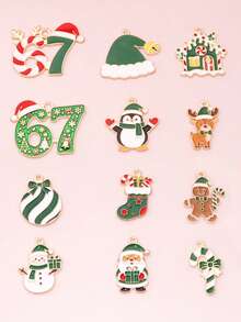 10pcs Random Styles Green/Pink Christmas Day Theme Drip Oil Alloy Charms For DIY Cute Necklace Keychain Gift Box&Festival Party Xmas Tree Ornaments - Christmas Theme - View 3