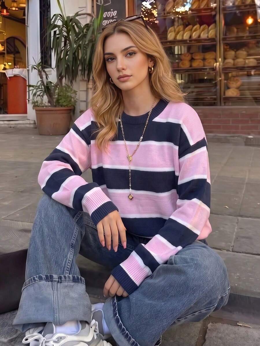 Women Fall Pink Navy White Striped Knit Sweater, Crew Neck Drop‑Shoulder Long Sleeve Loose Pullover For Campus Casual Date Daily Going‑Out - Multicolor - View 1