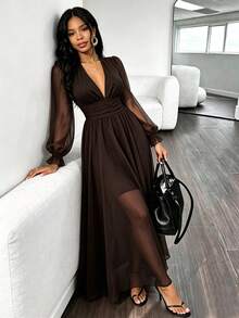 RNU Damen braunes V-Ausschnitt romantisches elegantes lässiges Urlaubs-Langarmkleid, Boho-Stil elegantes Puffärmel Rüschen V-Ausschnitt figurbetontes Maxikleid - Kaffeebraun - Übersicht 6