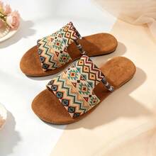 Vintage Geometric Print Woven Strap Flat Slip-On Sandals For Women, Beach Vacation Outdoor Wear And Home Slippers - Multicolor - View 7