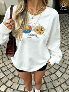 Women's Casual Loose Fit Crewneck Sweatshirt With Colorful Sun, Palm Tree & Text Print On White Base - White - View 11