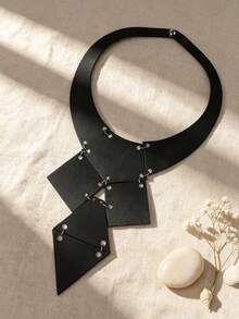 MARLIWOO 1pc Niche Geometric Patchwork Neckpiece Minimalist Exaggerated Personalized Jewelry Double Layer Leather Vintage Gothic Style Necklace - Multicolor - View 11
