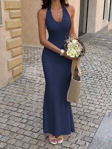Vaiaye Women's Summer Solid Color Fitted Deep V-Neck Ruffle Backless Maxi Dress, Knit High Elastic Minimalist Elegant Sleeveless Long Dress - Navy Blue - View 9