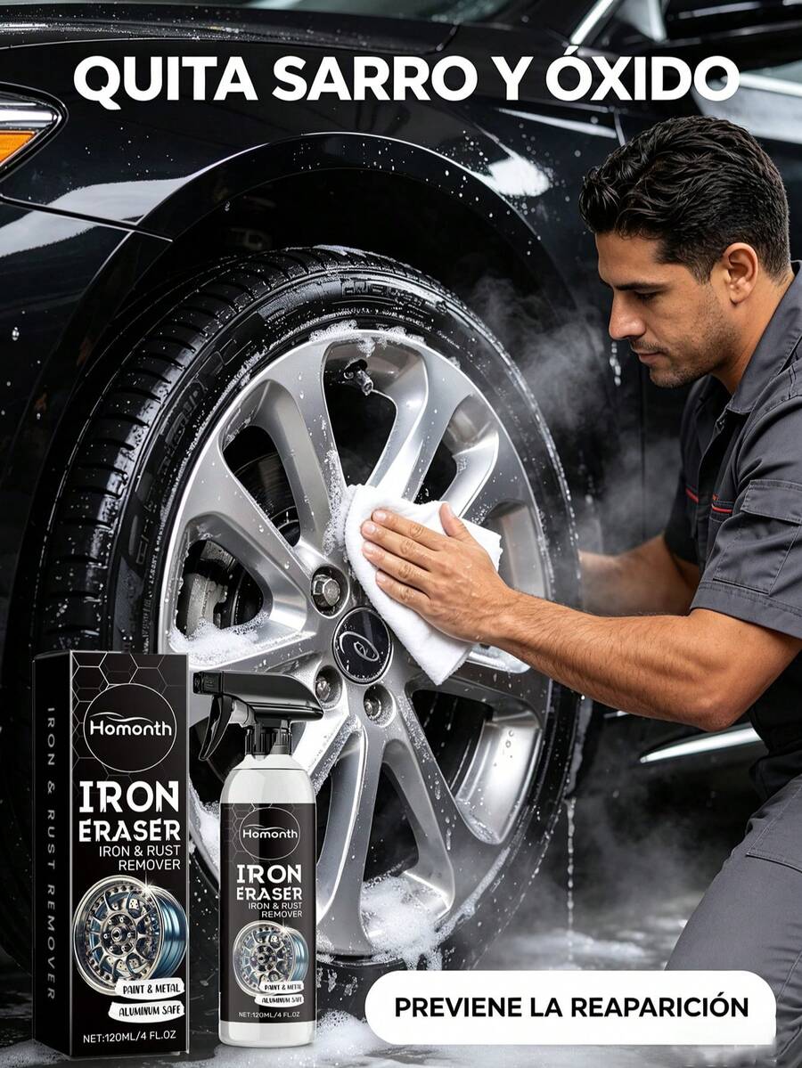 Homonth Eliminador de óxido de acero y óxido de hierro, potente eliminación de óxido de acero e hierro, protección contra pintura y metal, prevención de recurrencia, acción rápida, restaura el brillo, amigable con aluminio, sin dañar, protector antiensuciamiento, para cuidado químico automotriz y detalle de coches