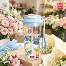 MINISO Gelas Air Transparan, Gelas Kopi Motif Ikan Mas Kecil yang Lucu, Bersih dan Menyegarkan, Gelas Air Transparan 550ML, Sedotan, Praktis untuk Perjalanan, Mudah Dibawa; Hadiah Hari Valentine. - Baby Blue - View 6