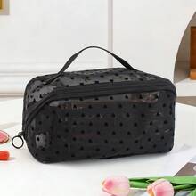 1pc Minimalist Flocked Heart-Shaped Mesh Handbag, Transparent Large Capacity Storage, Suitable For Short Trips And Bedroom Organization, Can Be Used As A Gift For Friends - Black - View 7