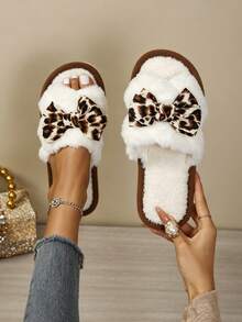 Girly Leopard Print Bow Plush Open Toe Slippers, Comfortable Indoor House Slides - Khaki - View 7