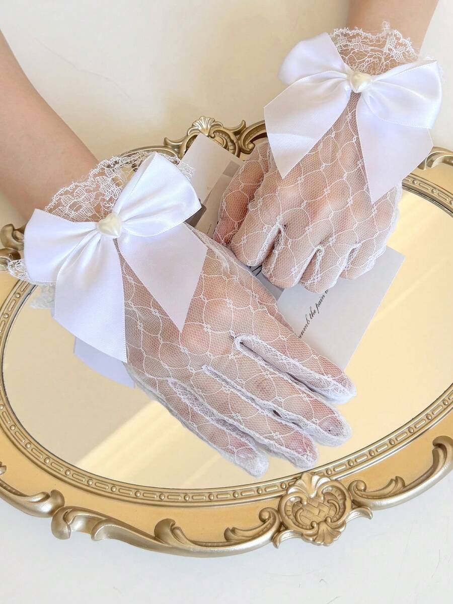 1 Pair Women's Spring/Summer Thin Lolita Bride Cosplay Lace Gloves With Bow, Versatile - White - View 1