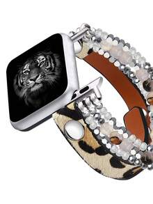 1pc Adjustable Beaded + Leather Watch Band, Compatible With Huawei Smart Watch Fit 1/Fit 2/Fit 3/Fit 4/4 Pro Wristband, Suitable For 4.7 To 6.3 Wrist - Light Leopard Print - View 5
