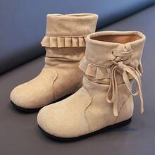 Girls' Loose Ruffle Mid-Calf Boots, Sweet Lace-Up Winter Boots, Soft Matte Fabric Upper, Non-Slip Sole, Toddler Children Shoes - Beige - View 1