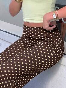 女款春夏高腰波點印花喇叭瑜伽褲，休閒柔軟彈性寬腿運動長褲，適合健身房運動與街頭穿搭 - 棕底黃波紋 - 查看 8