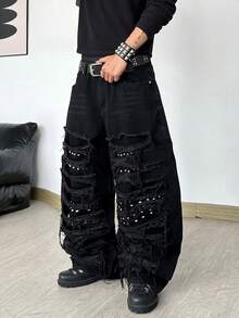 Hearty Haven 1pc Men's Distressed Denim Jeans Loose Beaded Patchwork Wide Leg Pants Casual All Season Comfortable Long Pants - No Belt And Accessories - Black - View 2