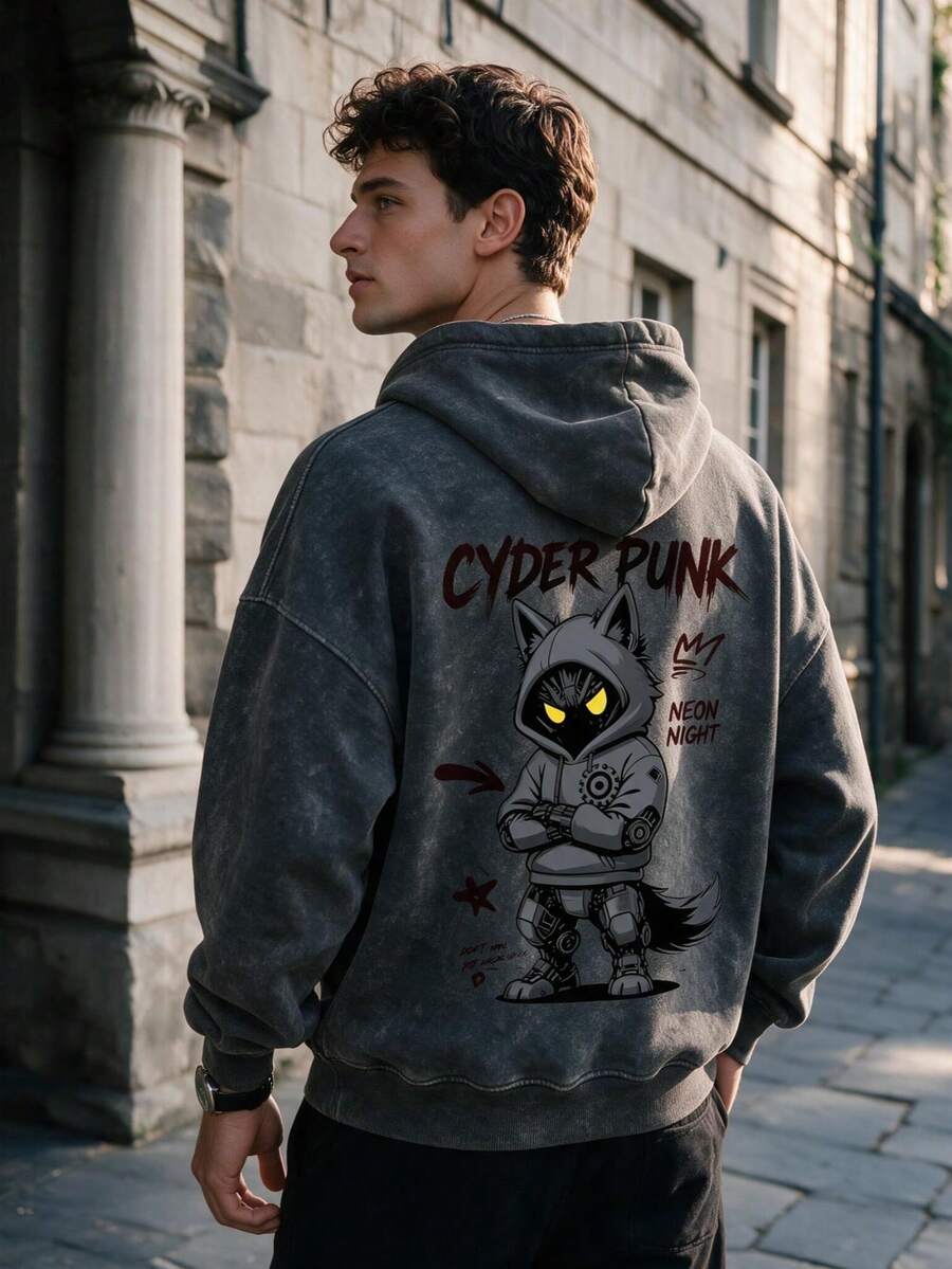 Men's Dark Gray Washed Distressed Cyberpunk Wolf Print Hoodie, Cartoon Loose Streetwear Pullover - Dark Grey - View 1
